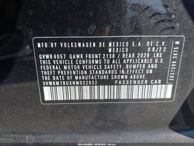 Auction sale of the 2022 Volkswagen Jetta 1.5t Sport, vin: 3VWBM7BUXNM032932, lot number: 43344893