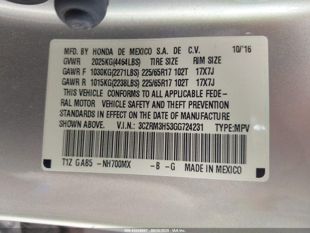 Honda k24w9/k24v1 2016 3CZRM3H53GG724231 Image 9