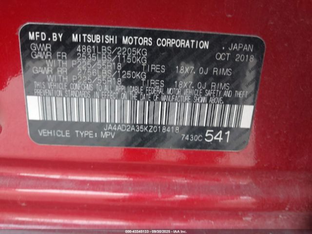 2019 MITSUBISHI OUTLANDER JA4AD2A35KZ018418 Photo 8