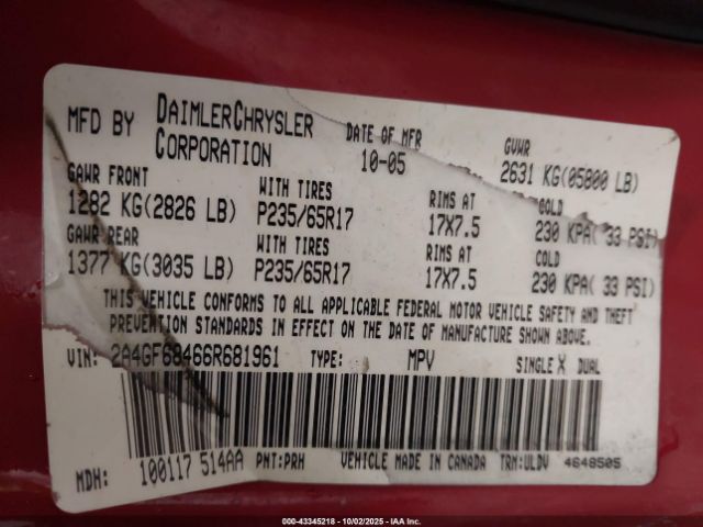 2006 CHRYSLER PACIFICA 2A4GF68466R681961 Photo 8