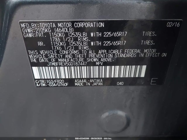 Toyota 2ar-fe 2016 JTMBFREV5GD187447 Image 9