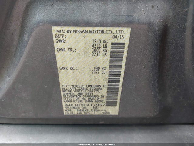 Продаж на аукціоні авто 2015 Nissan Altima 2.5 Sv, vin: 1N4AL3AP3FC417957, номер лоту: 43345502