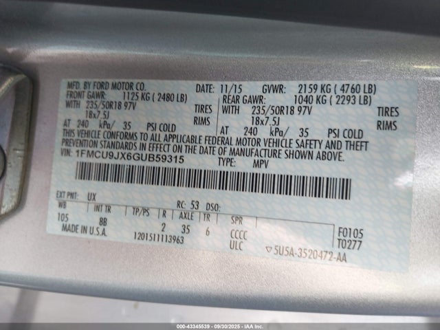 1FMCU9JX6GUB59315 Ford 2016