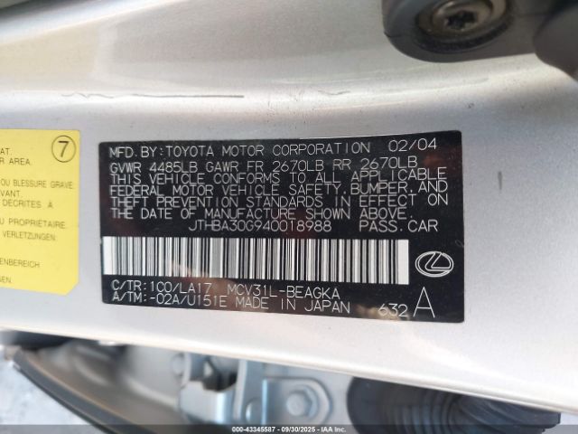 2004 LEXUS ES 330 JTHBA30G940018988 Photo 8