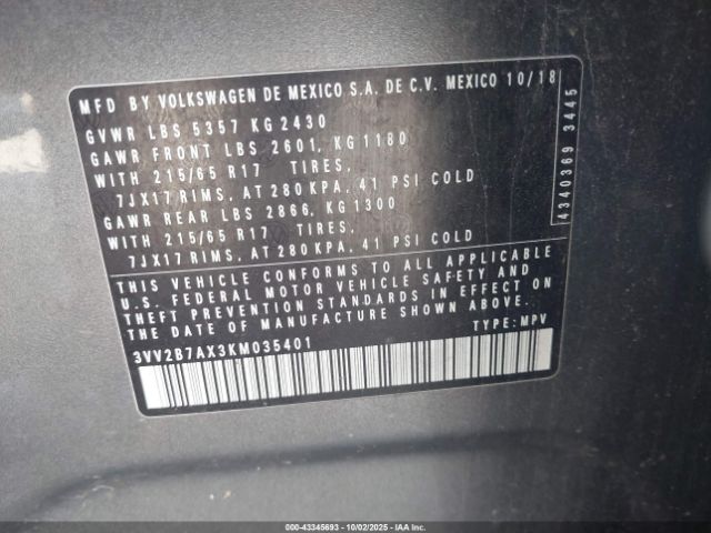 2019 VOLKSWAGEN TIGUAN 3VV2B7AX3KM035401 Photo 8