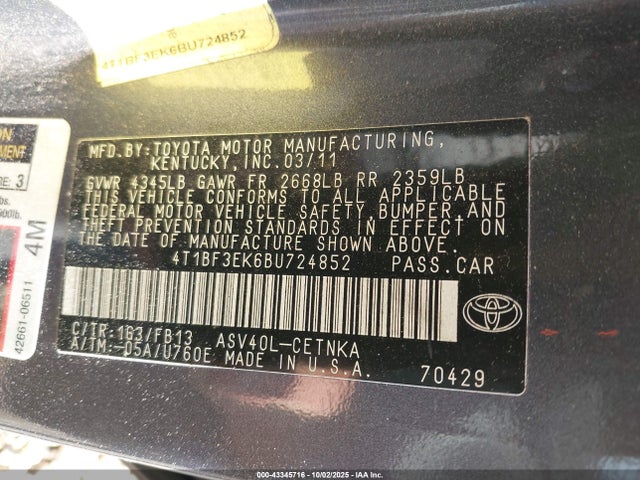 2011 Toyota Camry Le მანქანა იყიდება აუქციონზე, vin: 4T1BF3EK6BU724852, აუქციონის ნომერი: 43345716