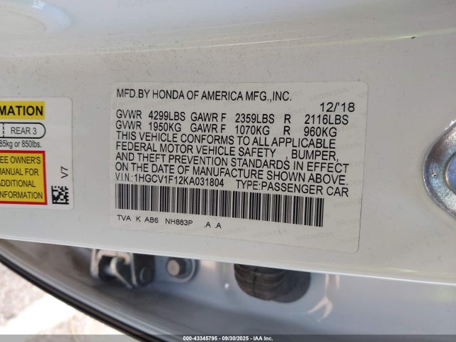 1HGCV1F12KA031804 Honda l15be