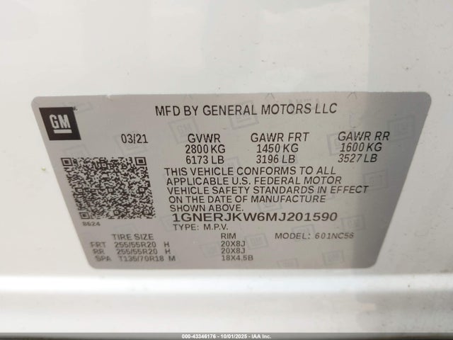 Aukcja sprzedaży 2021 Chevrolet Traverse Fwd Rs, vin: 1GNERJKW6MJ201590, numer aukcji: 43346176