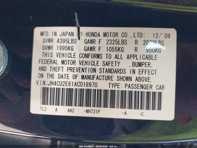 43346287 :رقم المزاد ، JH4CU2E61AC018970 vin ، 2010 Acura Tsx 2.4 مزاد بيع
