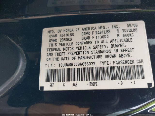 2006 ACURA TL 19UUA66276A056032 Photo 8