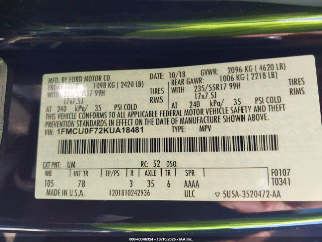 2019 FORD ESCAPE 1FMCU0F72KUA18481 Photo 8