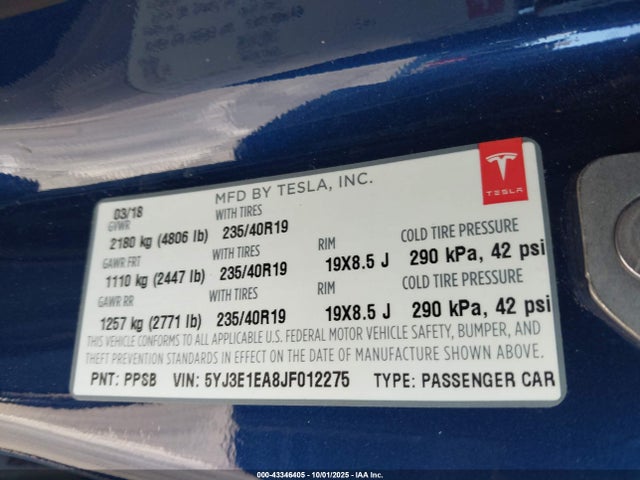 5YJ3E1EA8JF012275 Tesla MODEL 3