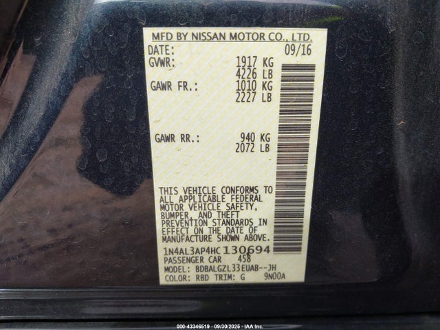 Продажа на аукционе авто 2017 Nissan Altima 2.5 S, vin: 1N4AL3AP4HC130694, номер лота: 43346519