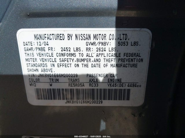 Aukcja sprzedaży 2006 Infiniti M45 Sport, vin: JNKBY01E66M200229, numer aukcji: 43346527
