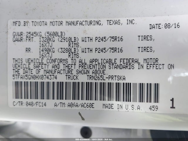 5TFAX5GN0HX074374 Toyota 2tr-fe