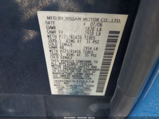 2007 NISSAN QUEST 5N1BV28U27N108478 Photo 8