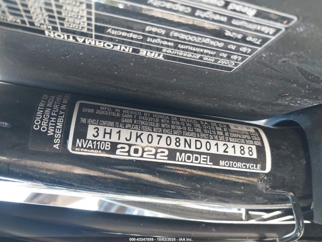 3H1JK0708ND012188 Honda Jk07e-2000001