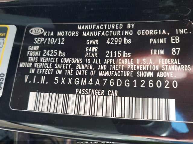 43347113 :رقم المزاد ، 5XXGM4A76DG126020 vin ، 2013 Kia Optima Lx مزاد بيع