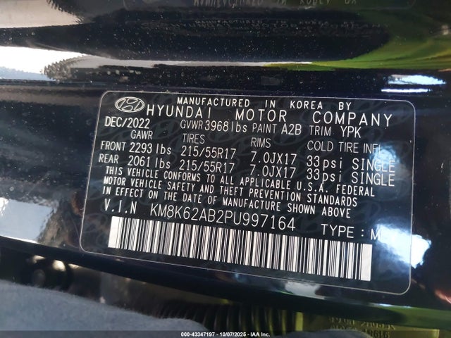 Auction sale of the 2023 Hyundai Kona Sel, vin: KM8K62AB2PU997164, lot number: 43347197