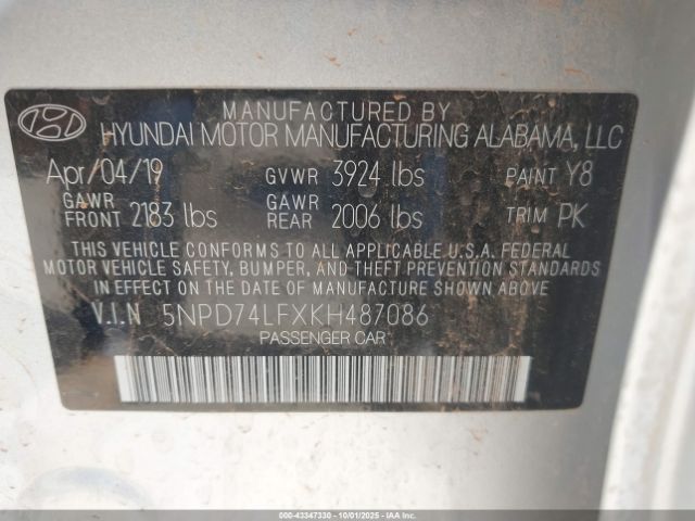 2019 HYUNDAI ELANTRA 5NPD74LFXKH487086 Photo 8