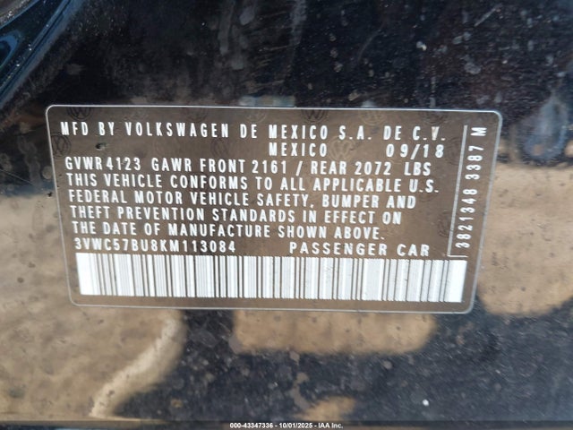 Aukcja sprzedaży 2019 Volkswagen Jetta 1.4t R-line/1.4t S/1.4t Se, vin: 3VWC57BU8KM113084, numer aukcji: 43347336