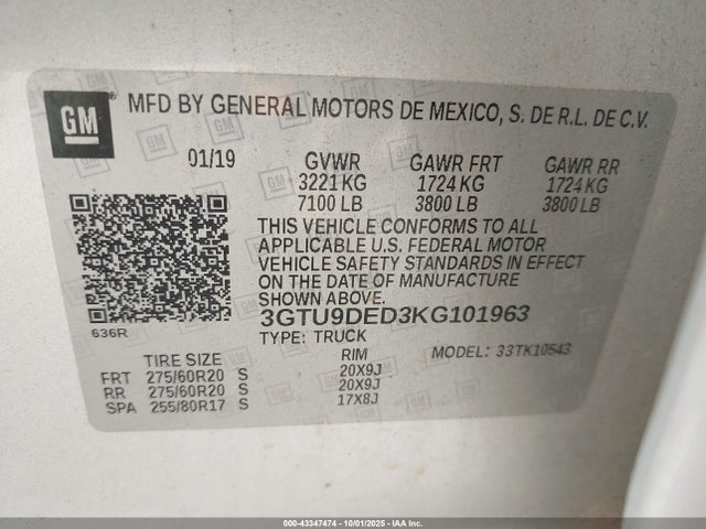 Продаж на аукціоні авто 2019 Gmc Sierra 1500 Slt, vin: 3GTU9DED3KG101963, номер лоту: 43347474
