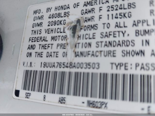 2008 ACURA TL 19UUA76548A003503 Photo 8