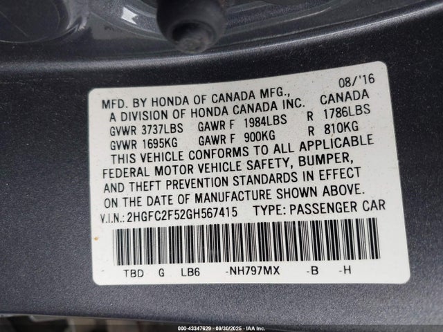 Honda k20c2 2016 2HGFC2F52GH567415 Image 9