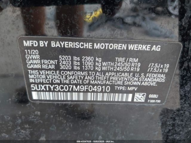 2021 BMW X3 5UXTY3C07M9F04910 Photo 8