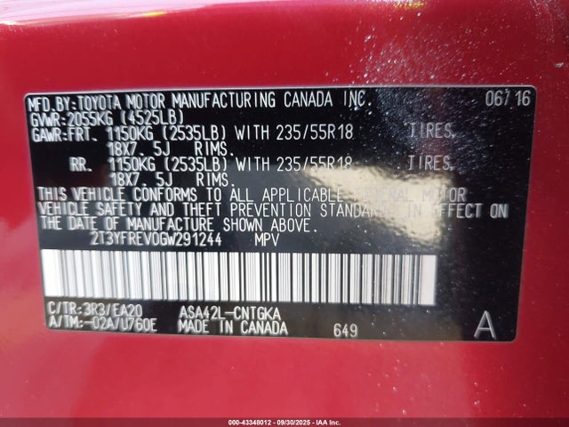 Toyota 2ar-fe 2016 2T3YFREV0GW291244 Image 9