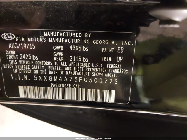 2015 Kia Optima Lx მანქანა იყიდება აუქციონზე, vin: 5XXGM4A75FG509773, აუქციონის ნომერი: 43348234