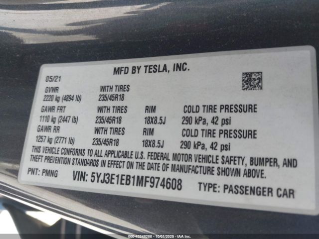 2021 TESLA MODEL 3 5YJ3E1EB1MF974608 Photo 8