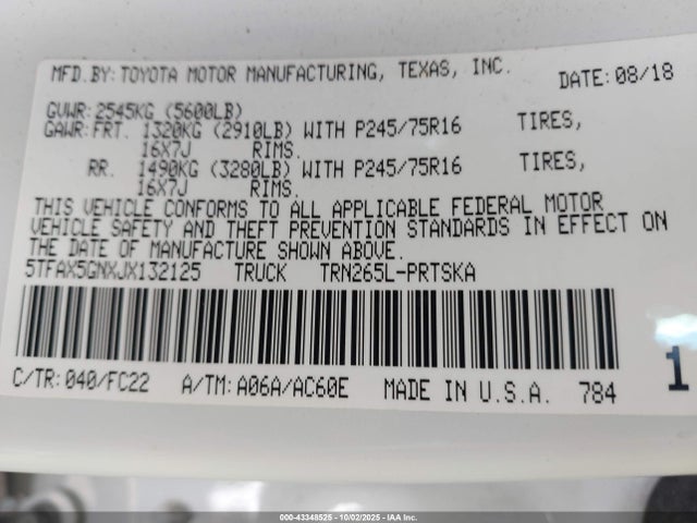 Aukcja sprzedaży 2018 Toyota Tacoma Sr5, vin: 5TFAX5GNXJX132125, numer aukcji: 43348525