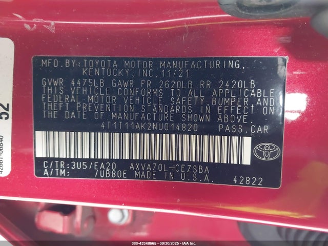 Продажа на аукционе авто 2022 Toyota Camry Se, vin: 4T1T11AK2NU014820, номер лота: 43348665