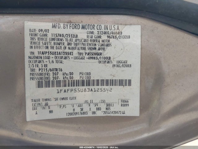 2003 FORD TAURUS 1FAFP55U83A125542 Photo 8