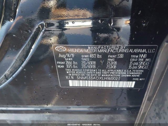 5NMS33ADXLH160023 Hyundai Santa Fe Sel