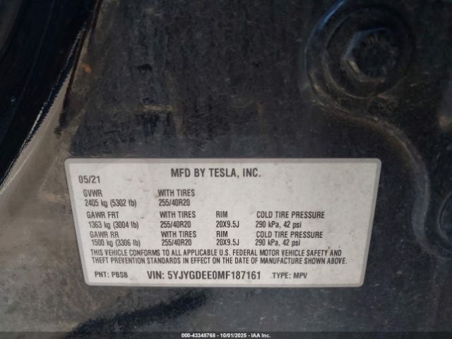 2021 TESLA MODEL Y 5YJYGDEE0MF187161 Photo 8