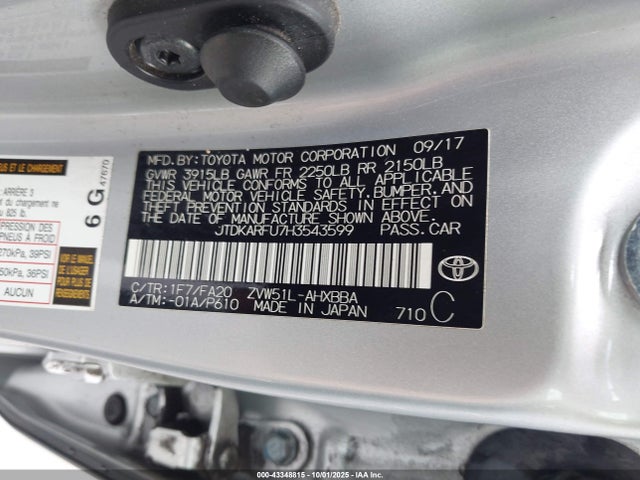 Aukcja sprzedaży 2017 Toyota Prius Four/four Touring/one/three/three Touring/two/two Eco, vin: JTDKARFU7H3543599, numer aukcji: 43348815