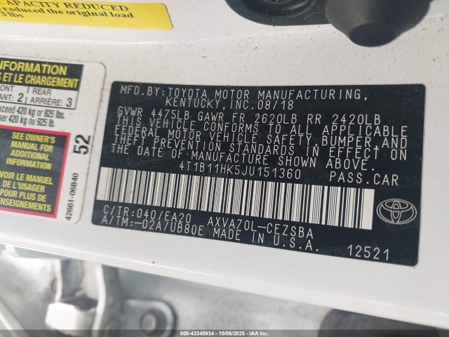 4T1B11HK5JU151360 Toyota CAMRY SE