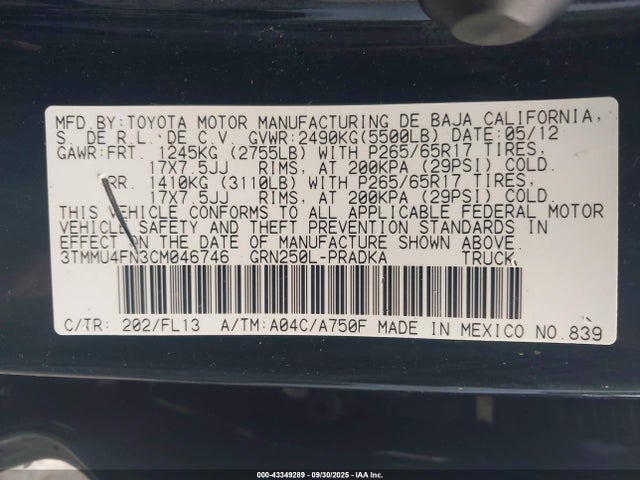 Aukcja sprzedaży 2012 Toyota Tacoma Base V6, vin: 3TMMU4FN3CM046746, numer aukcji: 43349289