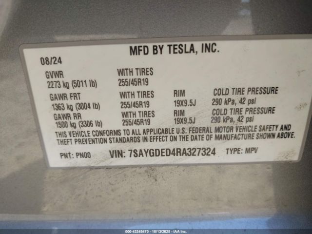 2024 TESLA MODEL Y 7SAYGDED4RA327324 Photo 8