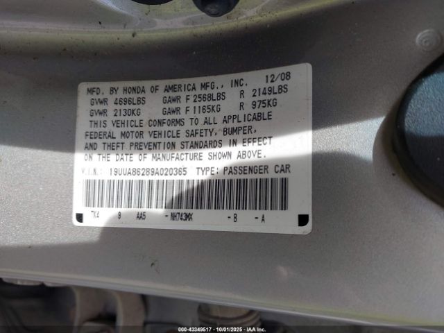 2009 ACURA TL 19UUA86289A020365 Photo 8
