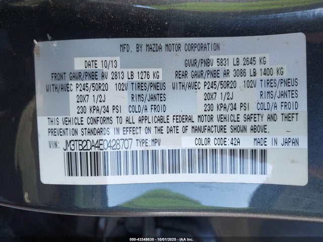 2014 Mazda Cx-9 Grand Touring მანქანა იყიდება აუქციონზე, vin: JM3TB2DA4E0428707, აუქციონის ნომერი: 43349530
