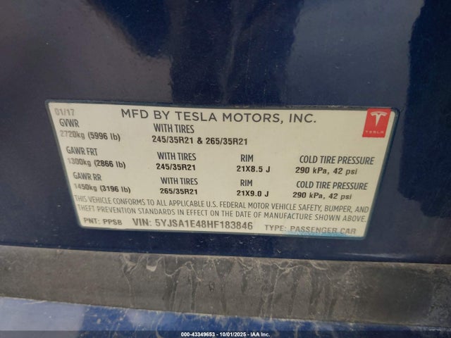 43349653 :رقم المزاد ، 5YJSA1E48HF183846 vin ، 2017 Tesla Model S 100d/60d/75d/90d/p100d مزاد بيع