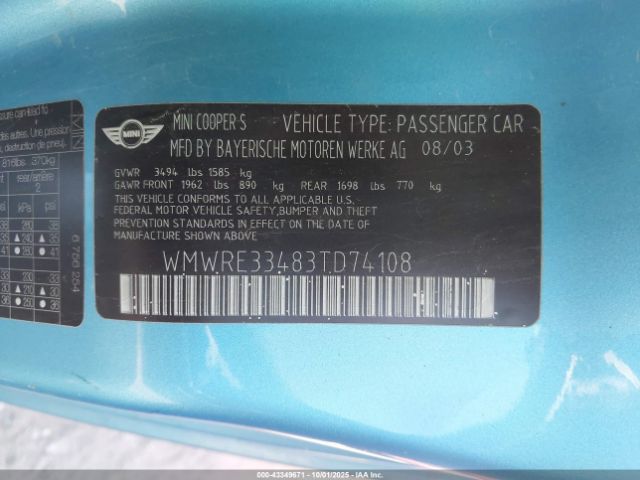 2003 MINI COOPER S WMWRE33483TD74108 Photo 8