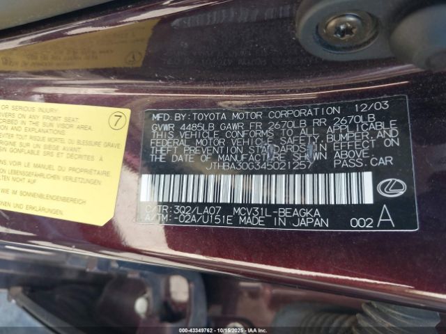 2004 LEXUS ES 330 JTHBA30G345021257 Photo 8