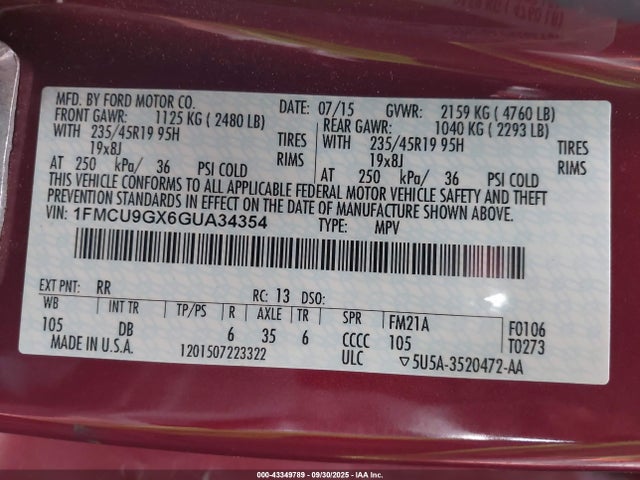 1FMCU9GX6GUA34354 Ford 2016