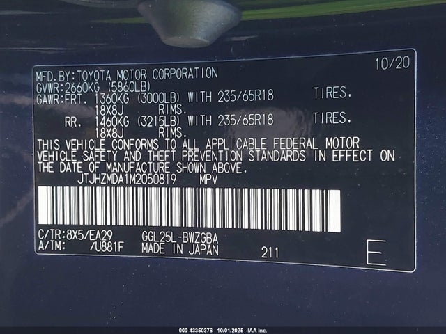 43350376 :رقم المزاد ، JTJHZMDA1M2050819 vin ، 2021 Lexus Rx 350 مزاد بيع