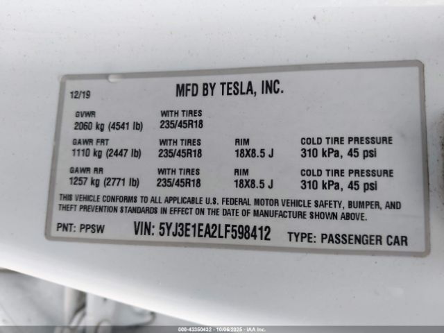 2020 TESLA MODEL 3 5YJ3E1EA2LF598412 Photo 8