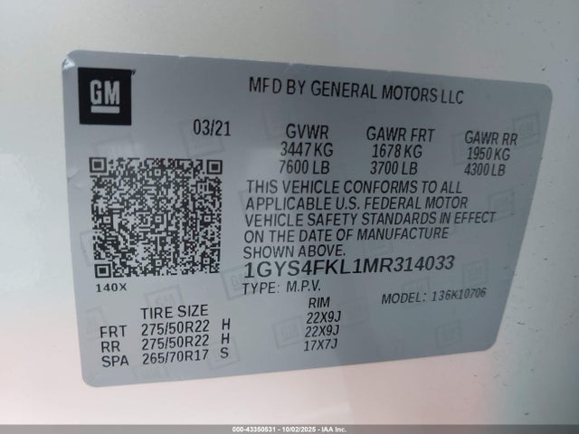 1GYS4FKL1MR314033 Cadillac Escalade 4wd Sport